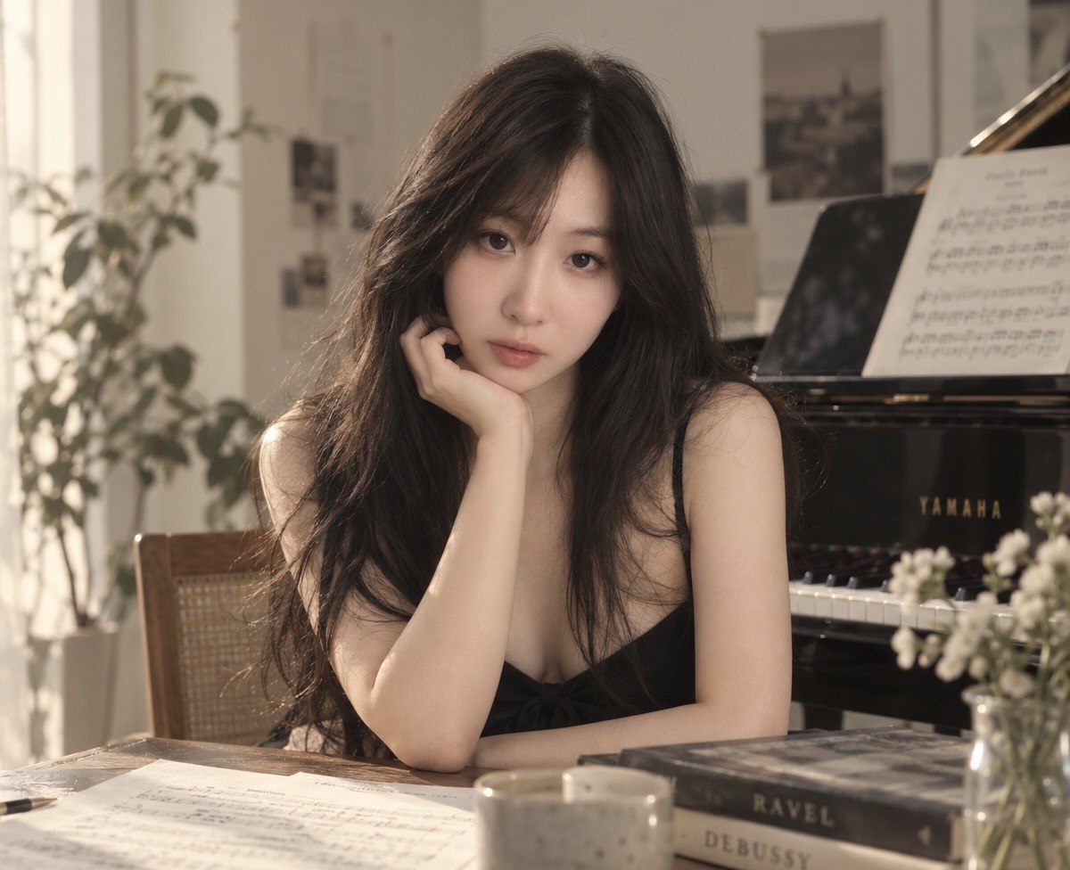 房思瑜托著下巴坐在鋼琴旁的書桌前 / Cecilia Fang at a desk beside the piano, chin in hand